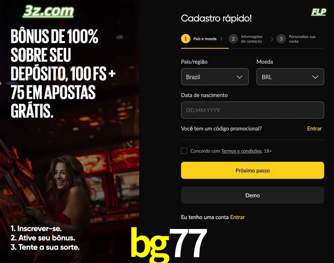 bg77 registro oficial cassino online Brasil com bônus de depósito e free spins